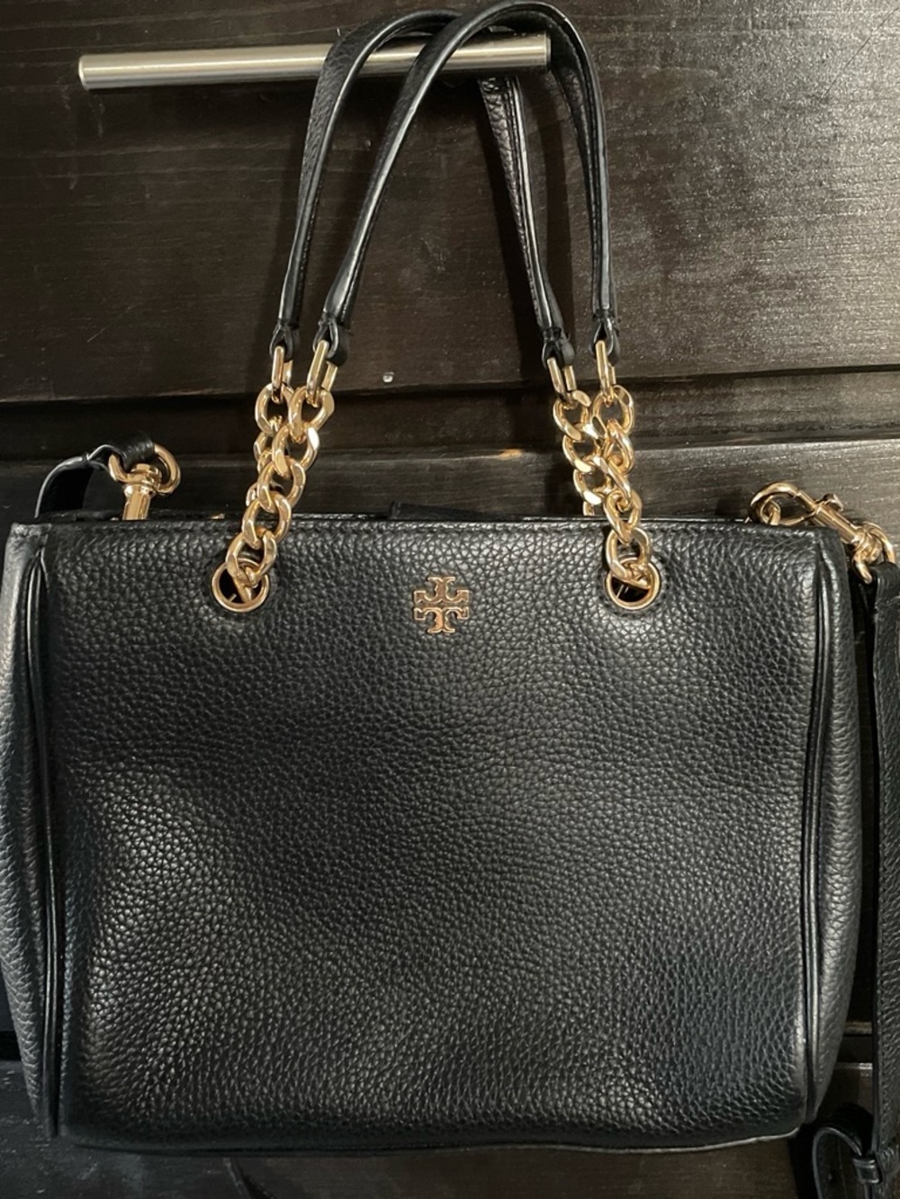 Tory Burch Black Pebbled Leather Shoulder Bag with Gold Chain Handles